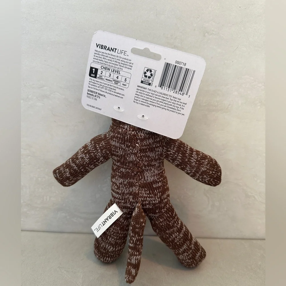 Vibrant Life Cozy Buddy BROWN SOCK MONKEY Squeaky Plush Dog Toy Chew Level #1